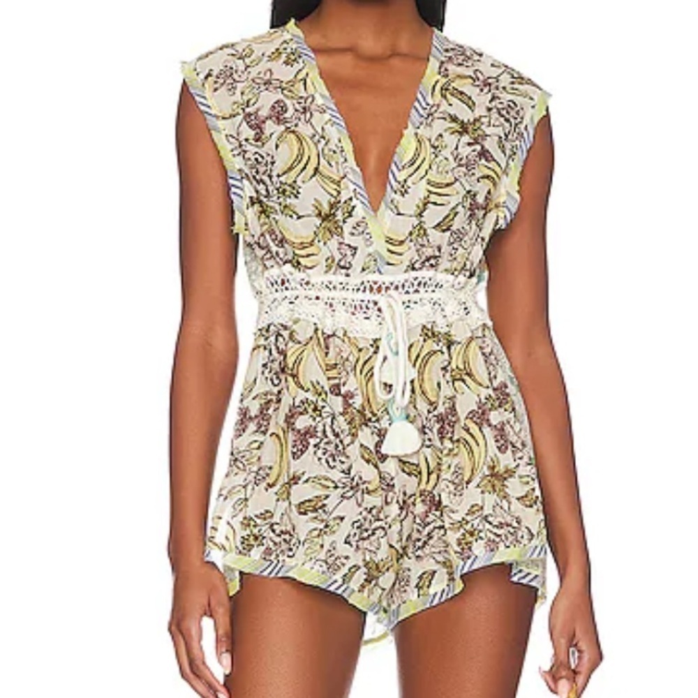 NWT FREE PEOPLE Floral Deep V-Neck Crochet Detail Tie Waist Romper Size Small